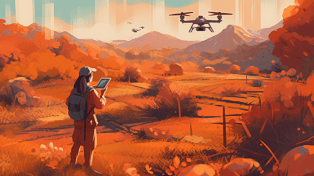 A person looking at a drone flying over a field

Description automatically generated with low confidence