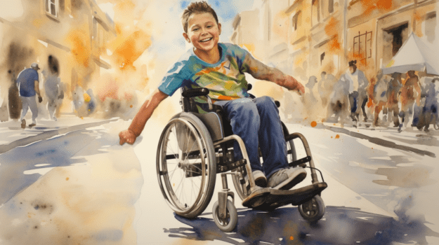 A child in a wheelchair

Description automatically generated