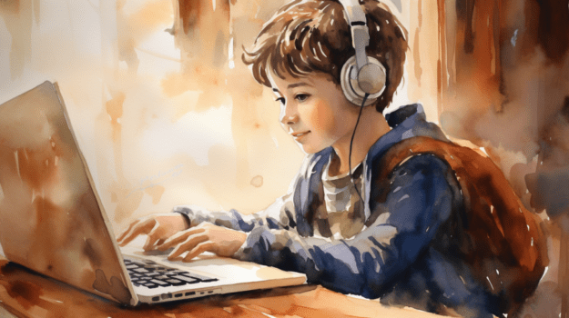 A child wearing headphones and using a computer

Description automatically generated