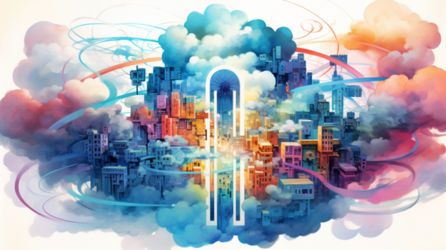 A colorful city with clouds and rainbow colors

Description automatically generated