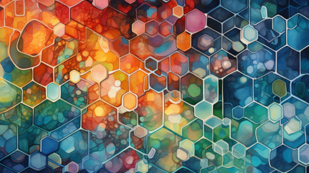 A colorful hexagons with white lines

Description automatically generated