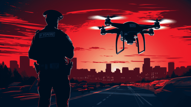 A cop standing on a road with a drone flying in the sky

Description automatically generated