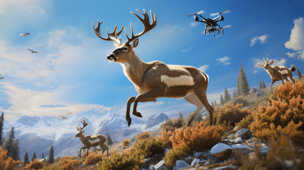 A deer running on a hill with a drone flying in the sky

Description automatically generated