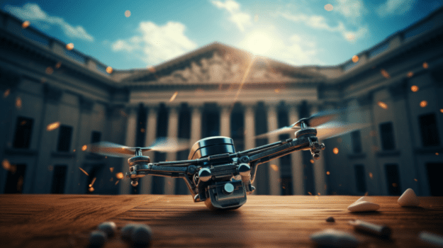 A drone flying in front of a building

Description automatically generated