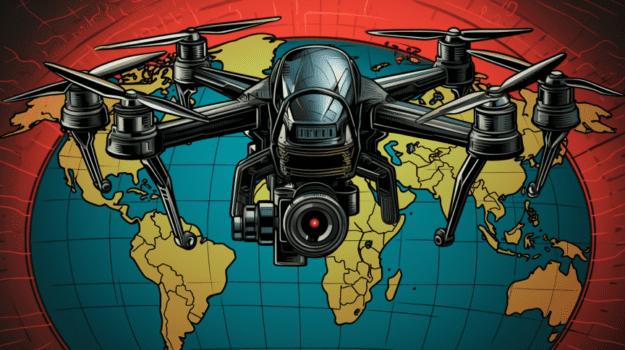 A drone flying over a globe

Description automatically generated