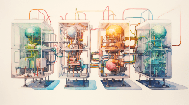 A group of machines with colorful tubes

Description automatically generated