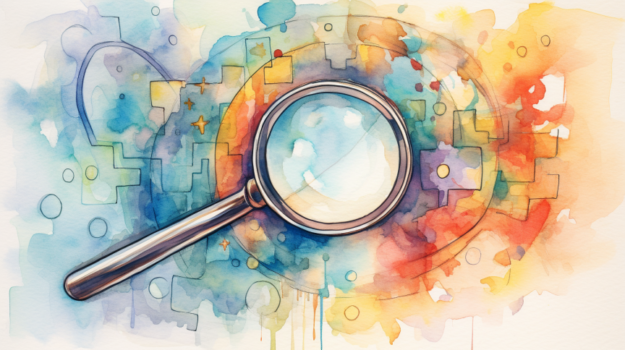 A magnifying glass on a colorful background

Description automatically generated