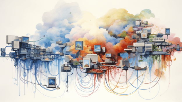 A painting of a cloud with many computer monitors

Description automatically generated