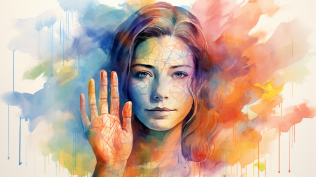 A painting of a person with her hand up

Description automatically generated