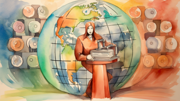 A person sitting at a table with a globe behind her

Description automatically generated