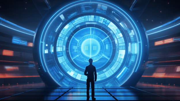 A person standing in front of a large circular blue light

Description automatically generated