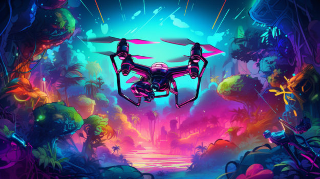 A pink and purple drone flying over a tropical forest

Description automatically generated