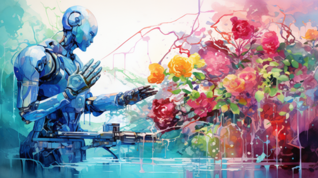 A robot holding flowers

Description automatically generated