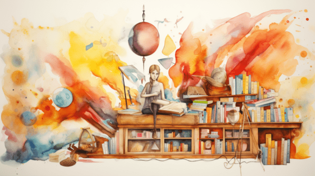 A watercolor of a child sitting on a book shelf

Description automatically generated