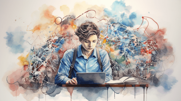 A watercolor of a child using a computer

Description automatically generated