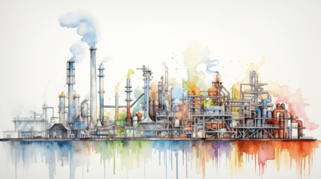 A watercolor of a factory

Description automatically generated