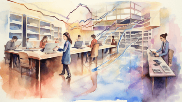 A watercolor of people working on computers

Description automatically generated