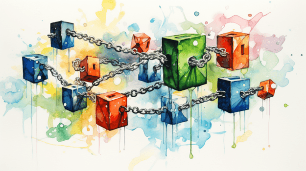 A watercolor painting of colorful cubes and chains

Description automatically generated