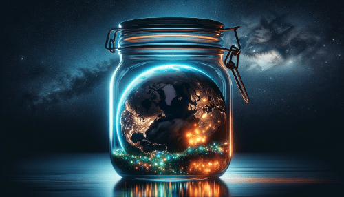 The planet Earth in a jar at night illuminating cities