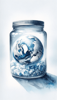 Capturing the Earth afloat in a jar, symbolic of the melting polar regions and rising seas