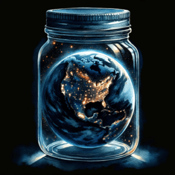 The planet Earth in a jar at night illuminating cities 1