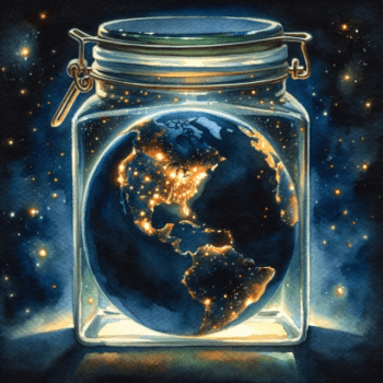 The planet Earth in a jar at night illuminating cities 2