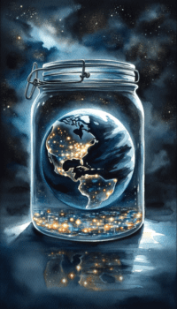 The planet Earth in a jar at night illuminating cities 3