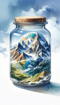 The planet Earth in a jar with exaggerated mountains and valleys to emphasize the beauty of natural landscapes 3